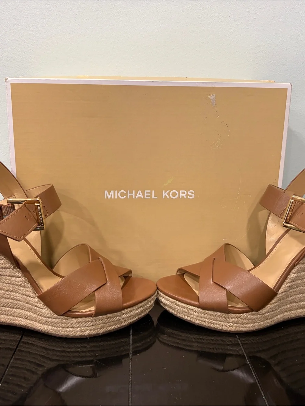 Michael Kors Brown Leather Espadrille Wedge Sandals
